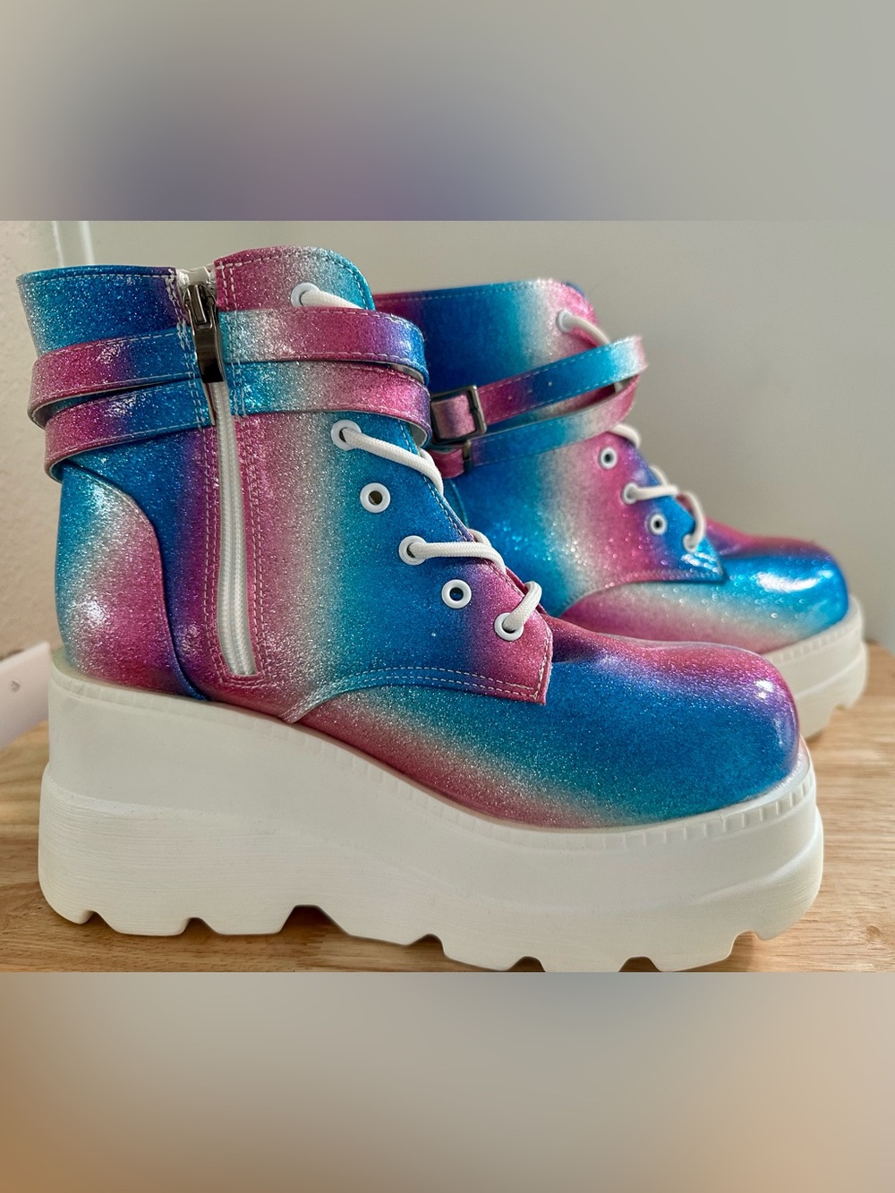 Glitter Gradient Platform Ankle Boots — Blue & Pink